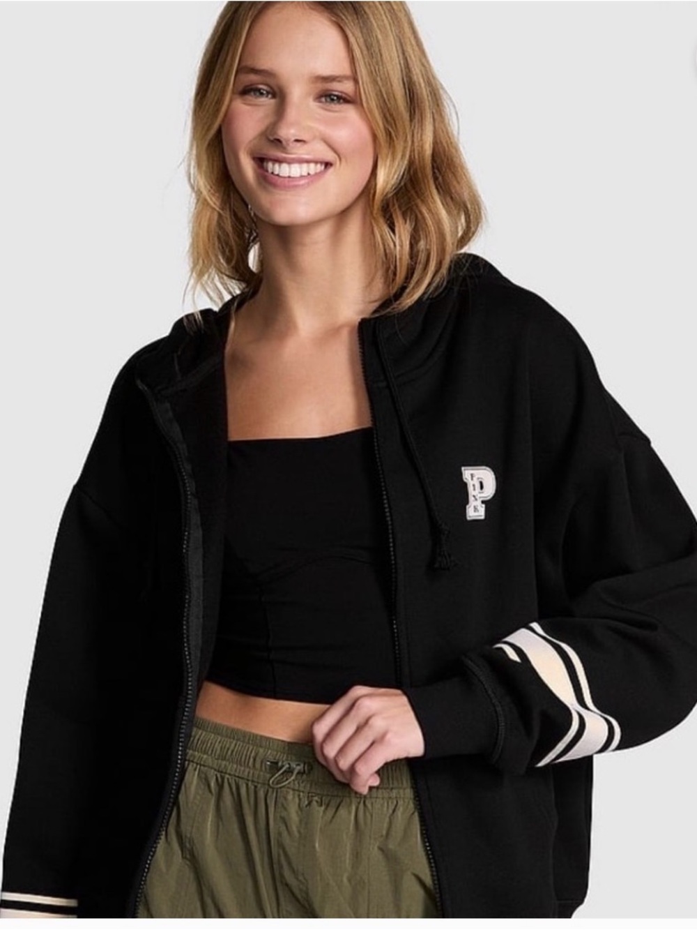 PINK Victoria's Secret Black Zip-Up Hoodie with Cream Stripe Detail